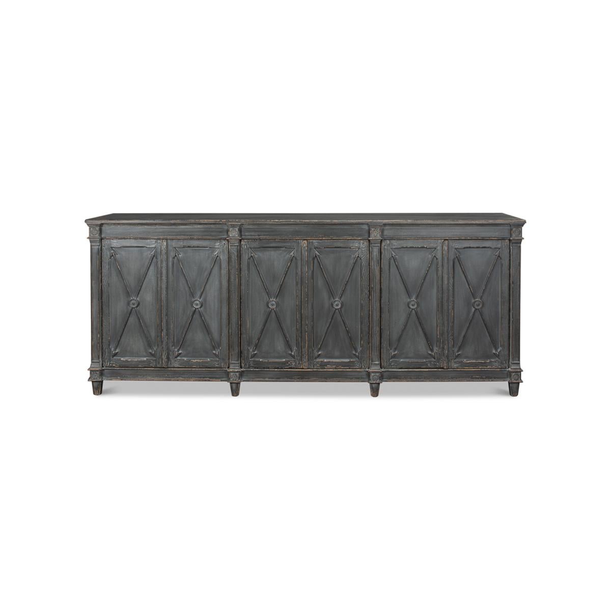 With crossed arrows on each door, raised panel detail on each side, and medallions at the top and bottom of the column-like stiles.

In a dark gray rustic and distressed finish. With paneled sides, six doors opening to a fitted and shelved interior,