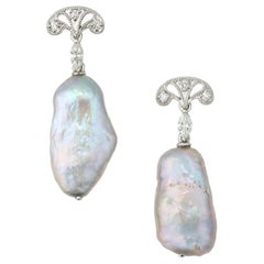 Gray Freshwater Pearl and Diamond Drop Earrings Set in Platinum