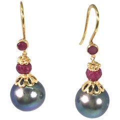 Gray Freshwater Pearl Dangling Earrings Rubies and 18 Karat Yellow Gold Earwires