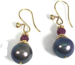 Gray Freshwater Pearl Dangling Earrings Rubies and 18 Karat Yellow Gold Earwires
