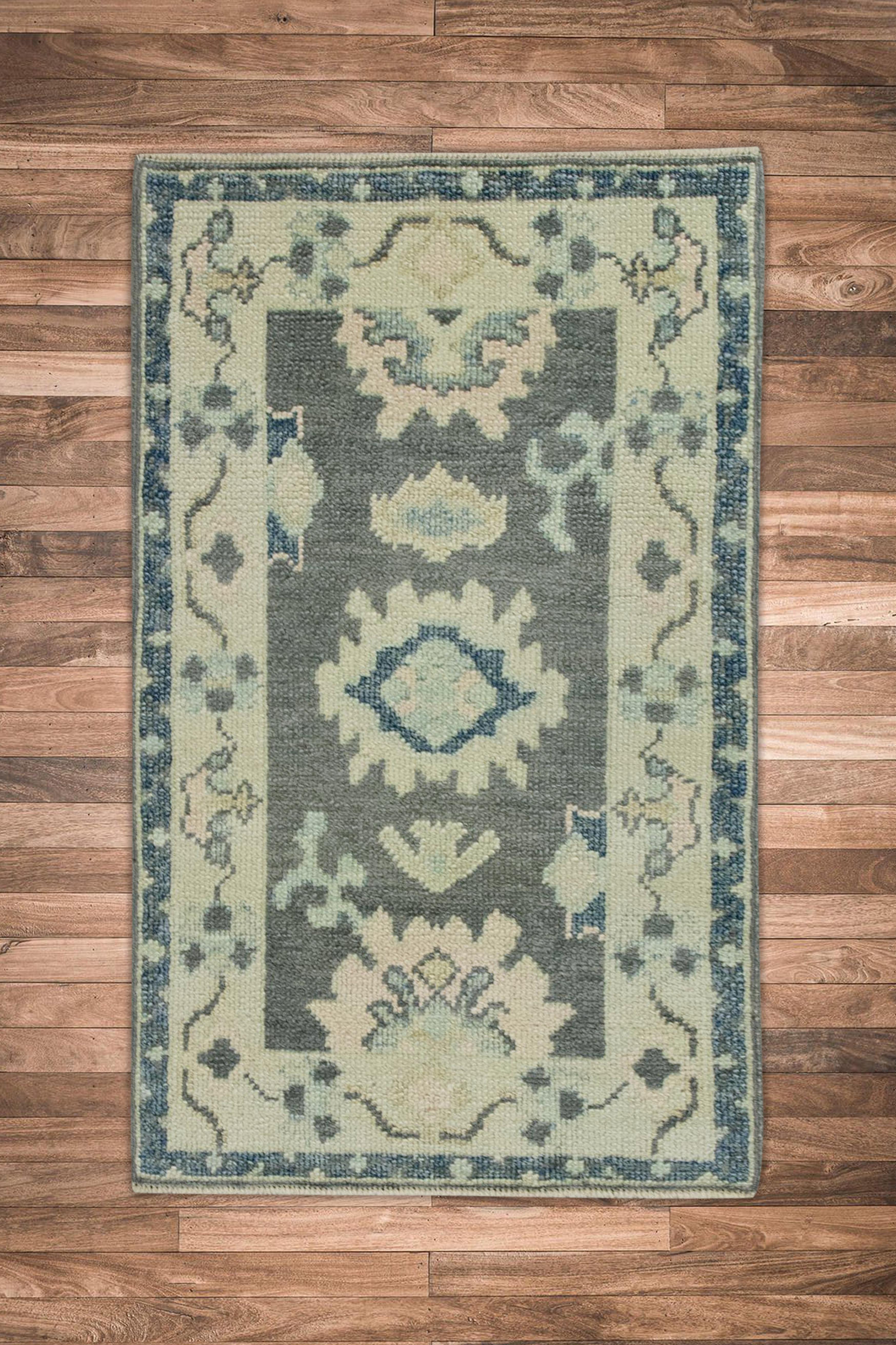 Contemporary Gray Geometric Design Handwoven Wool Turkish Oushak Rug For Sale
