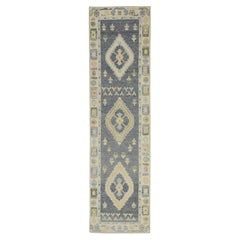 Grey Geometric Design Handwoven Wool Turkish Oushak Runner