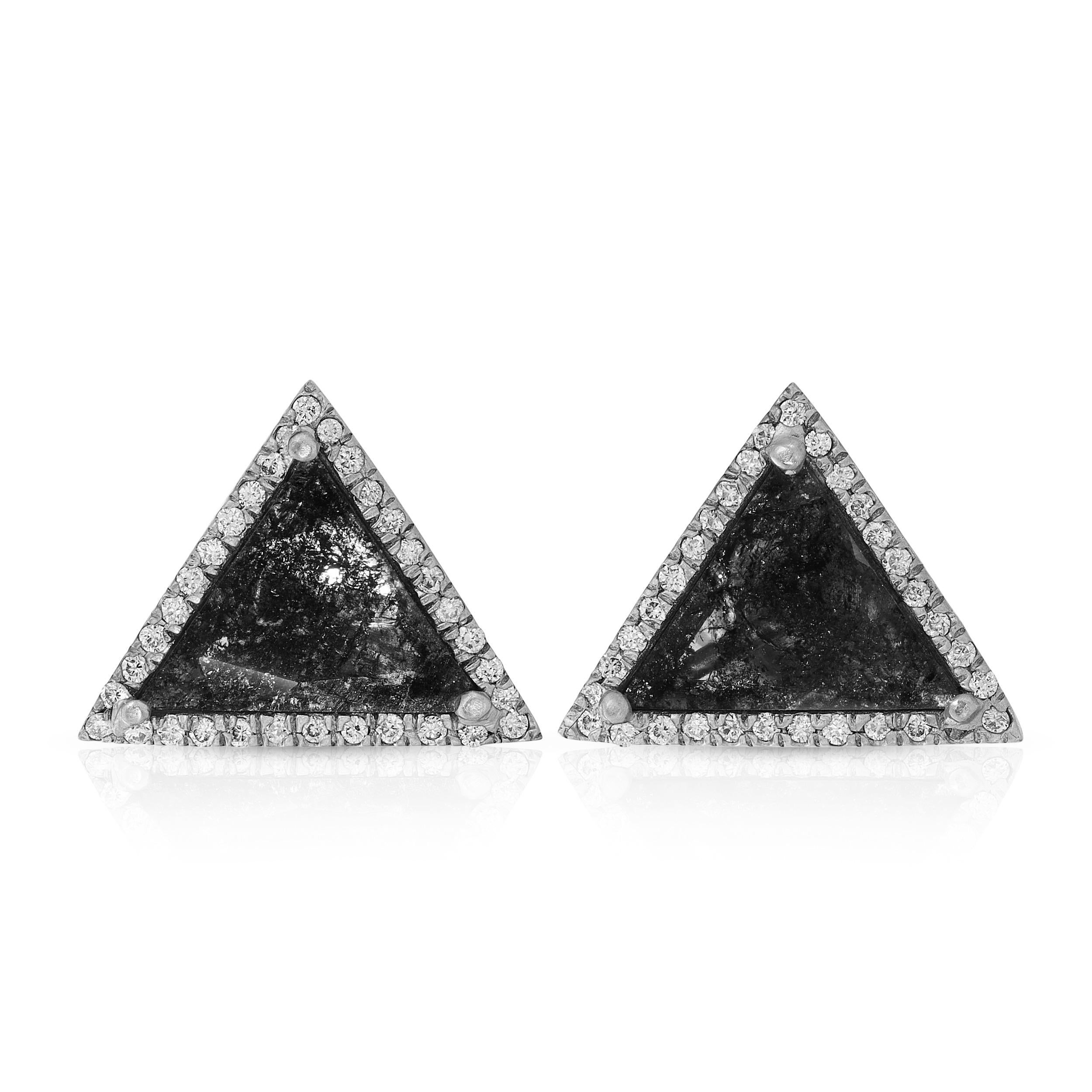Contemporary Gray Geometric Diamond Slice Studs in 18k Matte White Gold with Diamond Pave For Sale