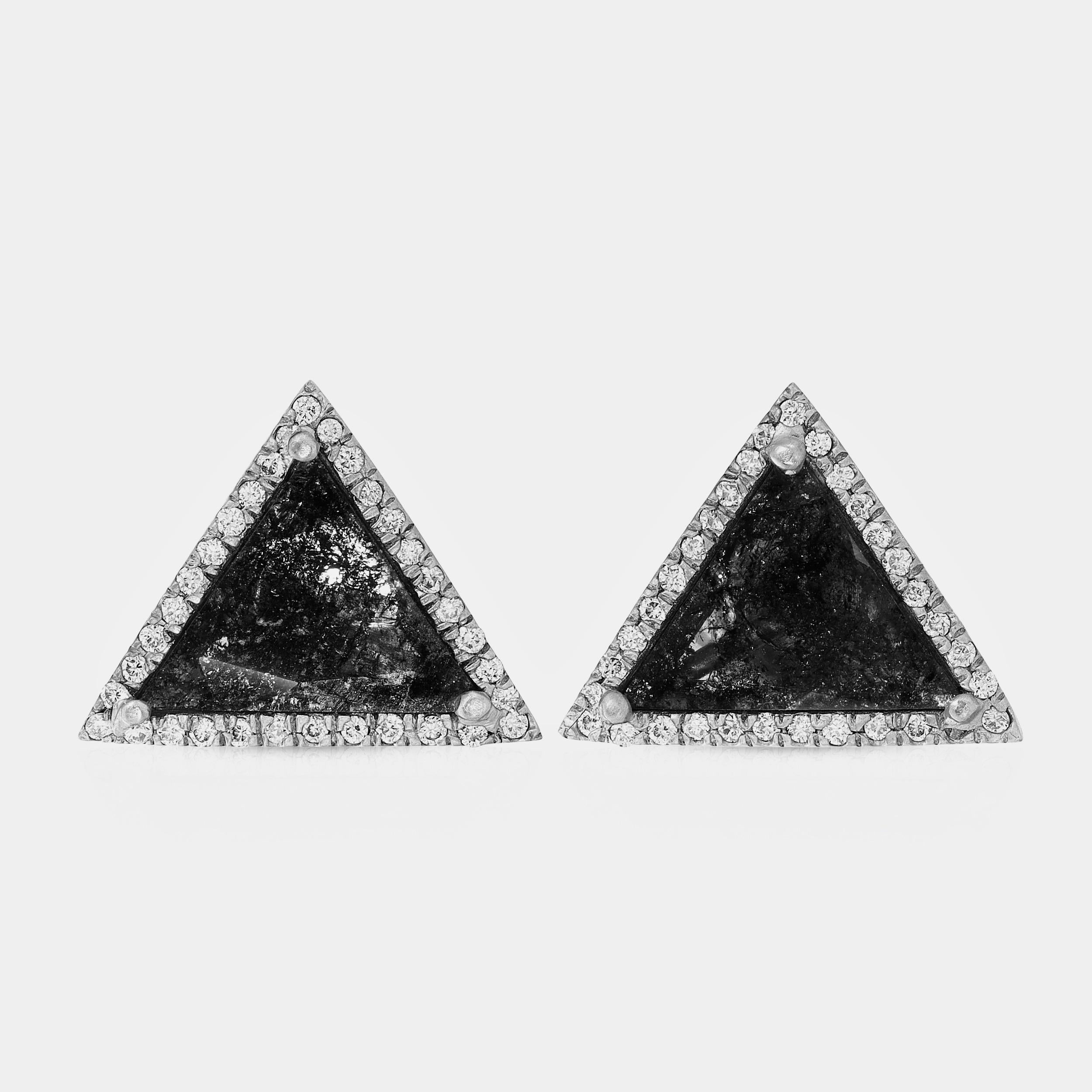 Portrait Cut Gray Geometric Diamond Slice Studs in 18k Matte White Gold with Diamond Pave For Sale