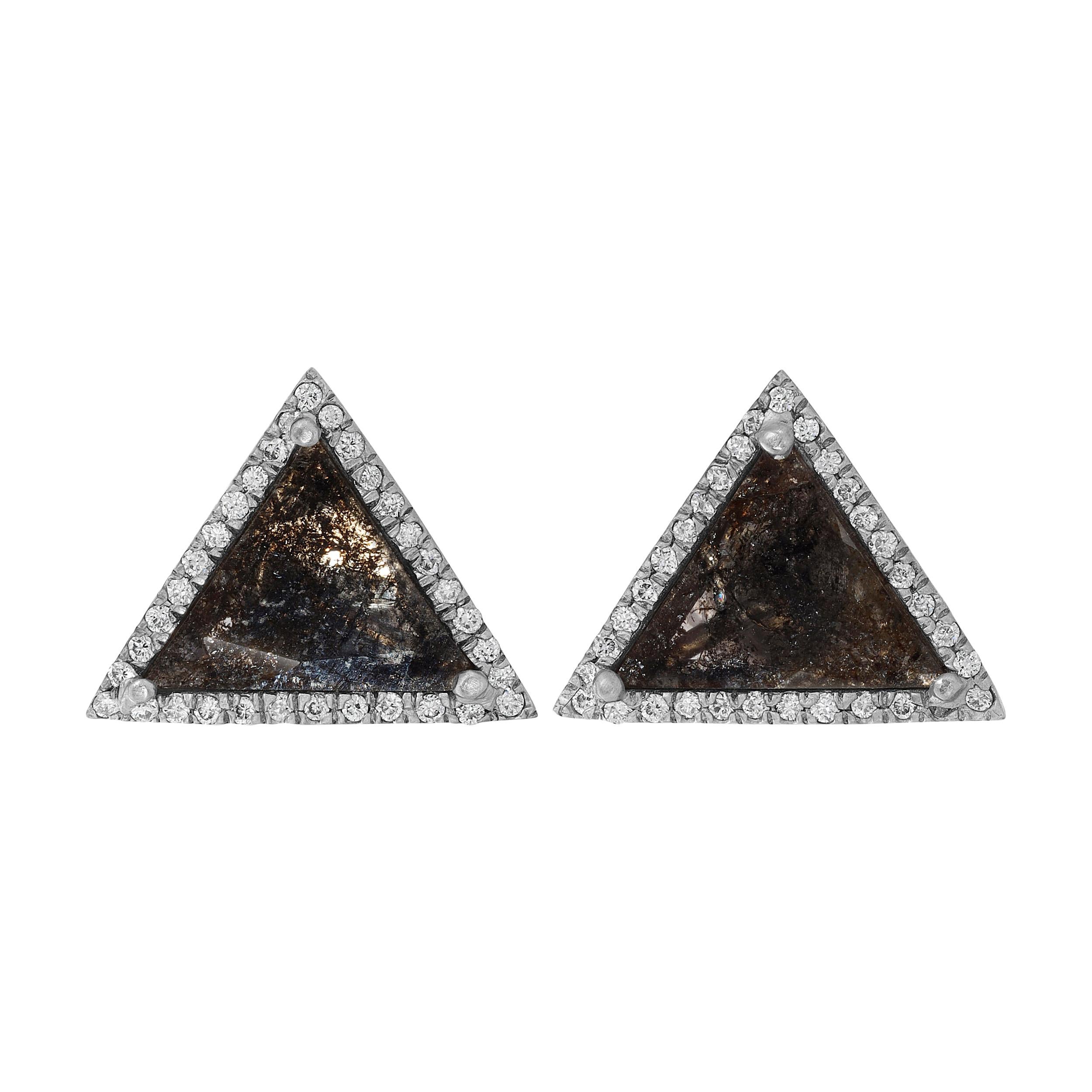 Gray Geometric Diamond Slice Studs in 18k Matte White Gold with Diamond Pave