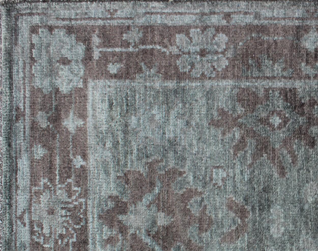 Turkish Gray-Green and Brown Modern Oushak Designed by Keivan Woven Arts For Sale