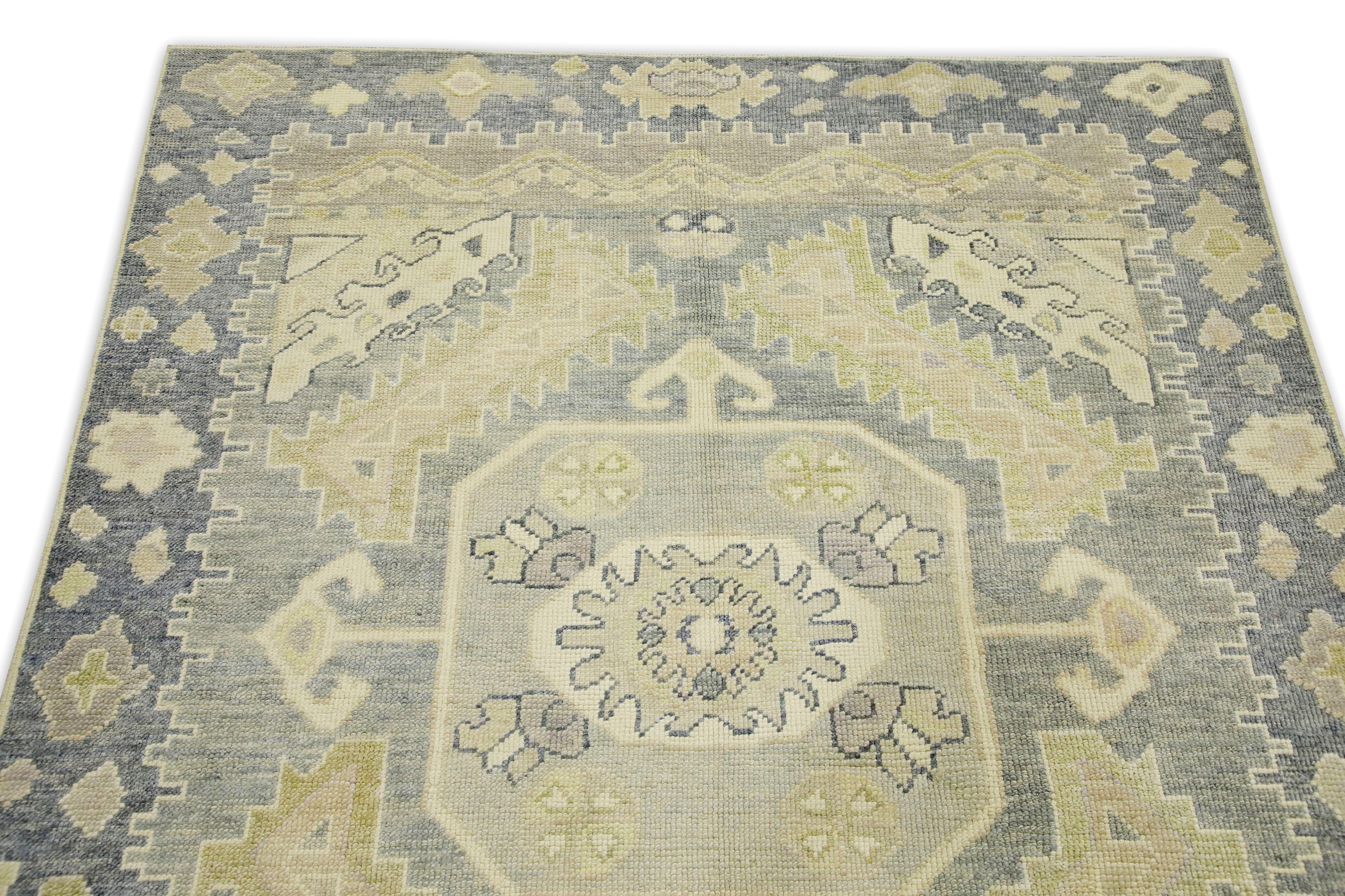 Gray & Green Geometric Design Handwoven Wool Turkish Oushak Rug 4'9