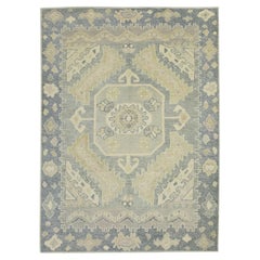 Tapis turc Oushak en laine à motifs géométriques gris et vert tissé à la main 4'9" x 6'1".