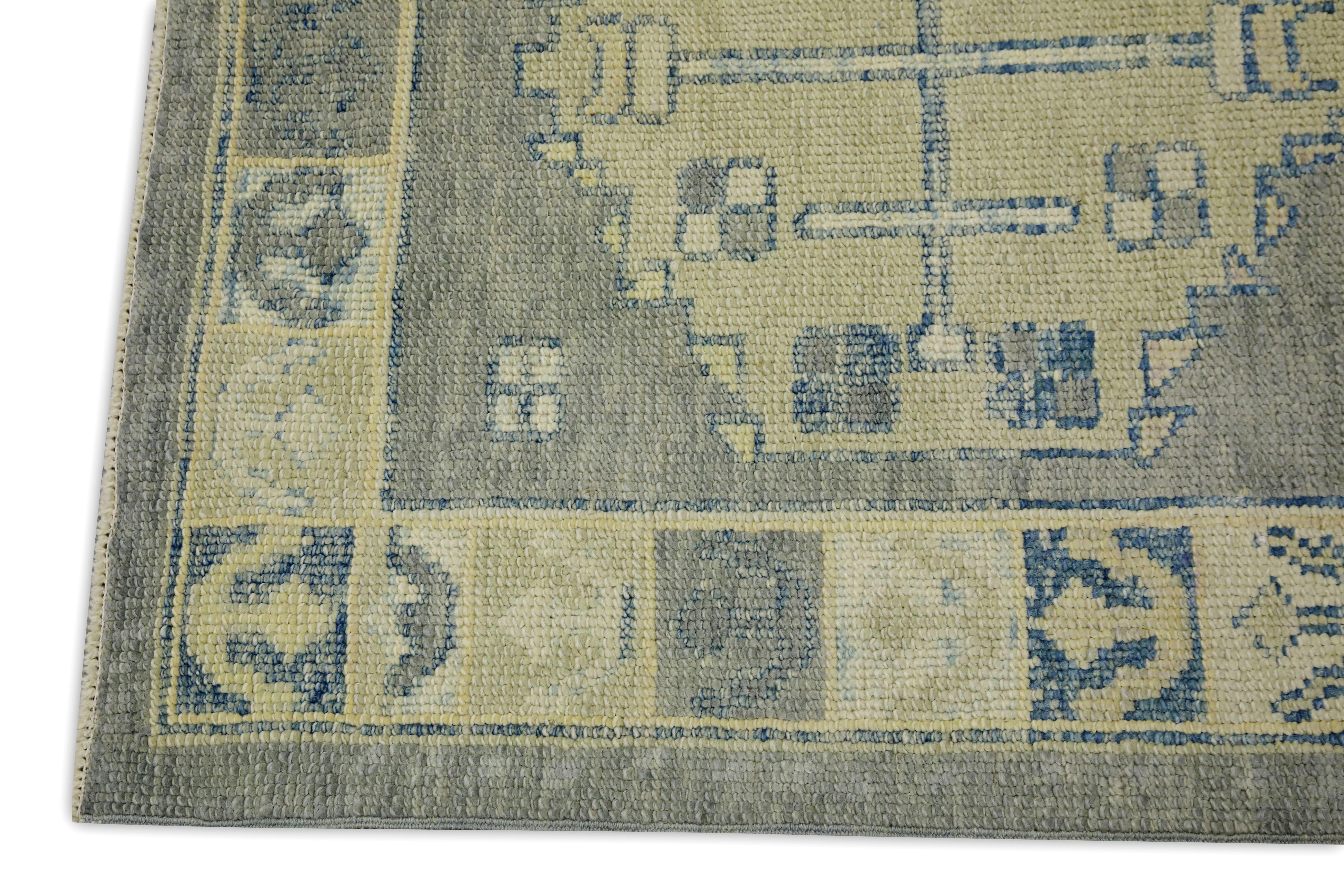 Vegetable Dyed Gray & Green Geometric Design Handwoven Wool Turkish Oushak Runner For Sale