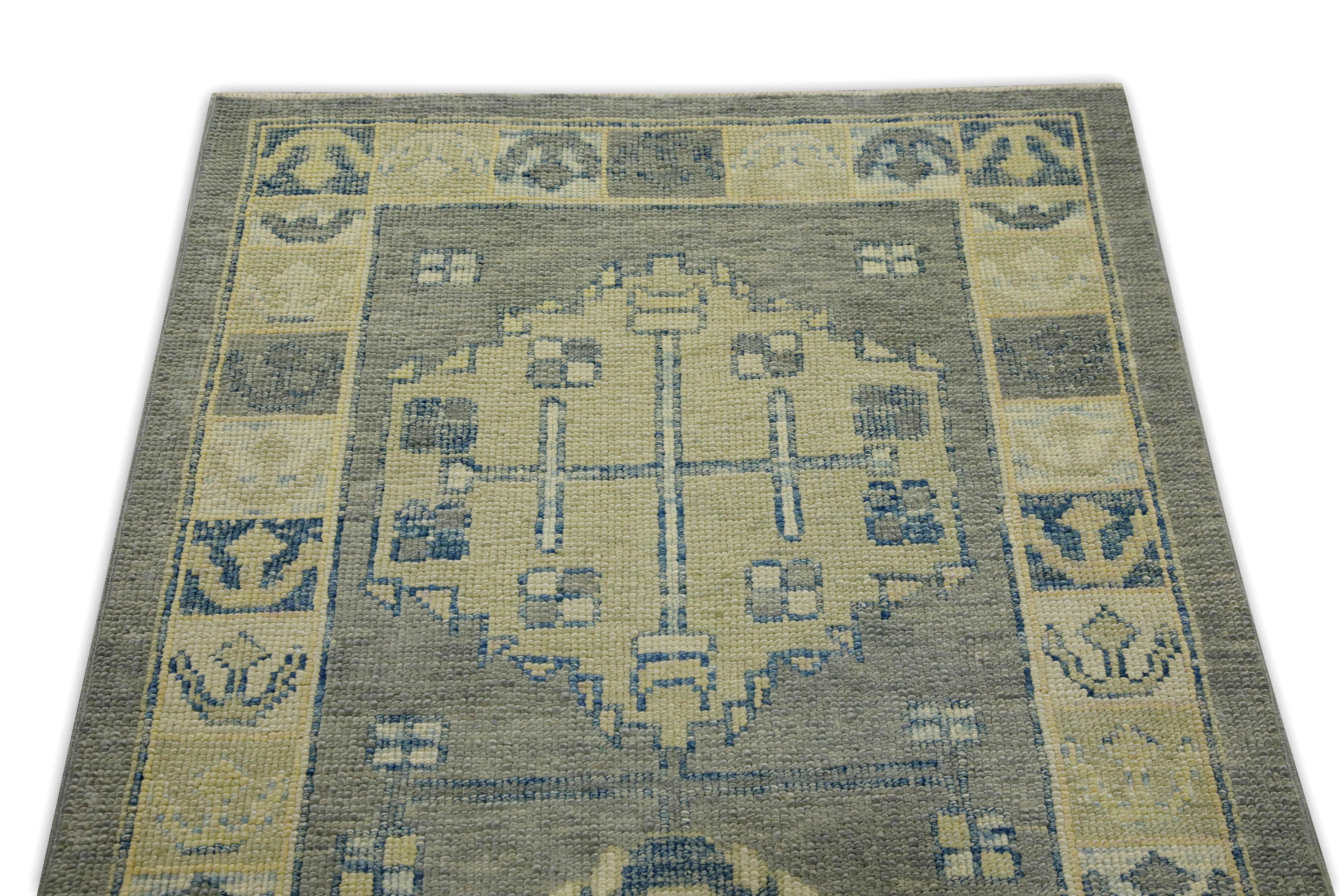 Gray & Green Geometric Design Handwoven Wool Turkish Oushak Runner In New Condition For Sale In Houston, TX