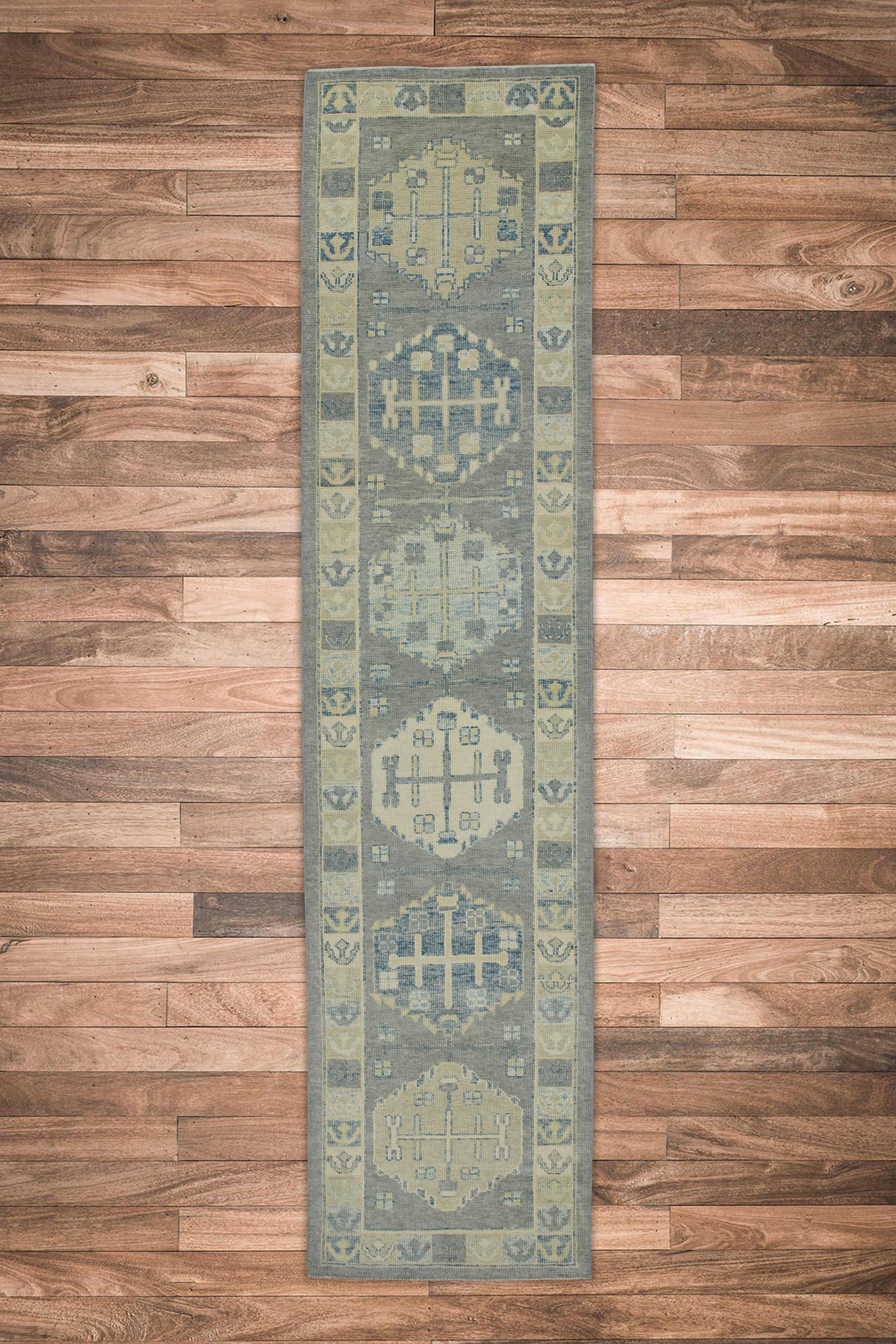 Gray & Green Geometric Design Handwoven Wool Turkish Oushak Runner For Sale 1