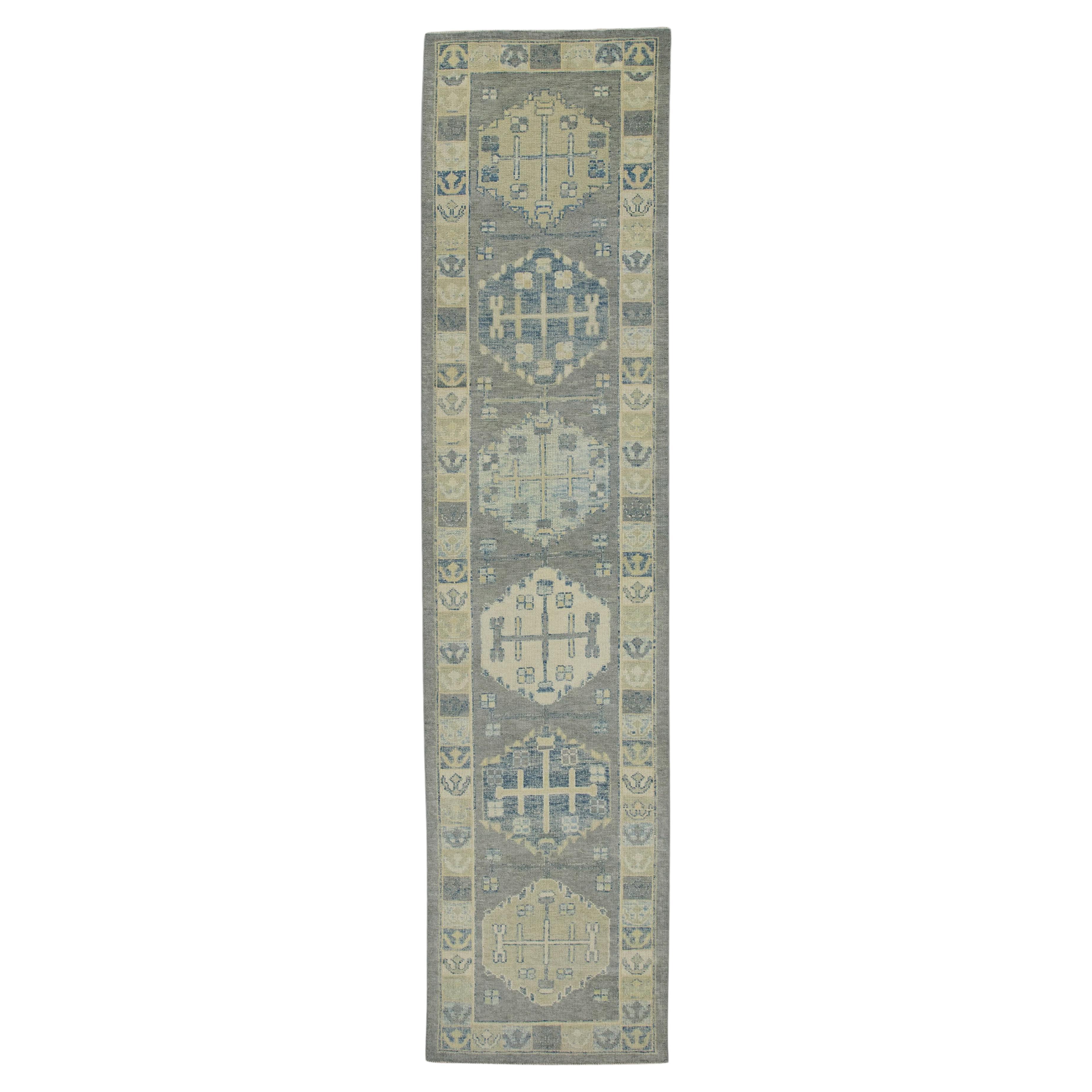 Gray & Green Geometric Design Handwoven Wool Turkish Oushak Runner