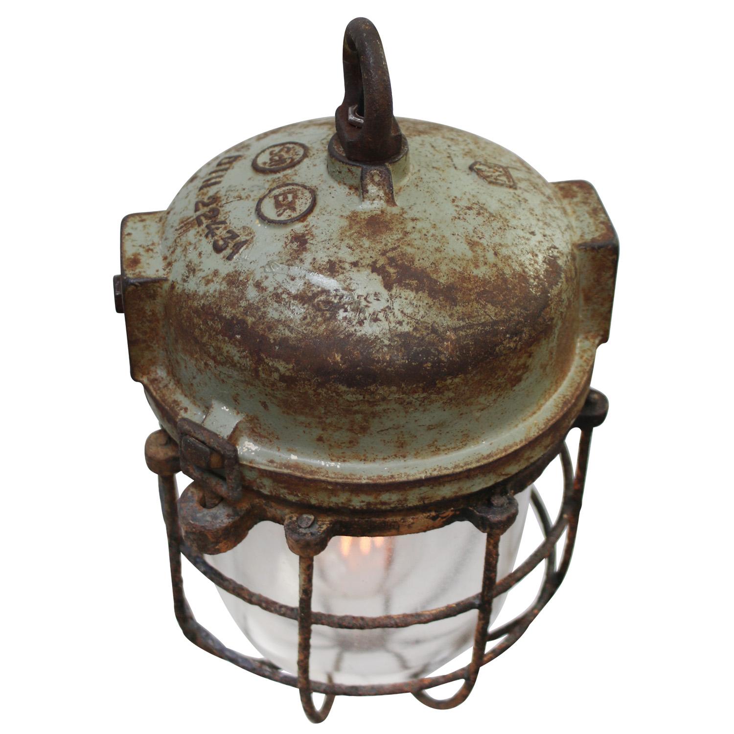Dutch Gray Green Metal Vintage Industrial Clear Glass Pendant Light For Sale