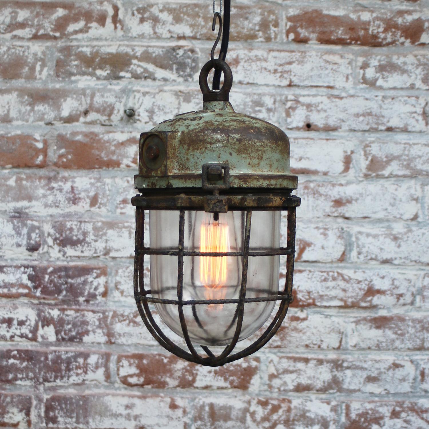 Cast Gray Green Metal Vintage Industrial Clear Glass Pendant Light For Sale