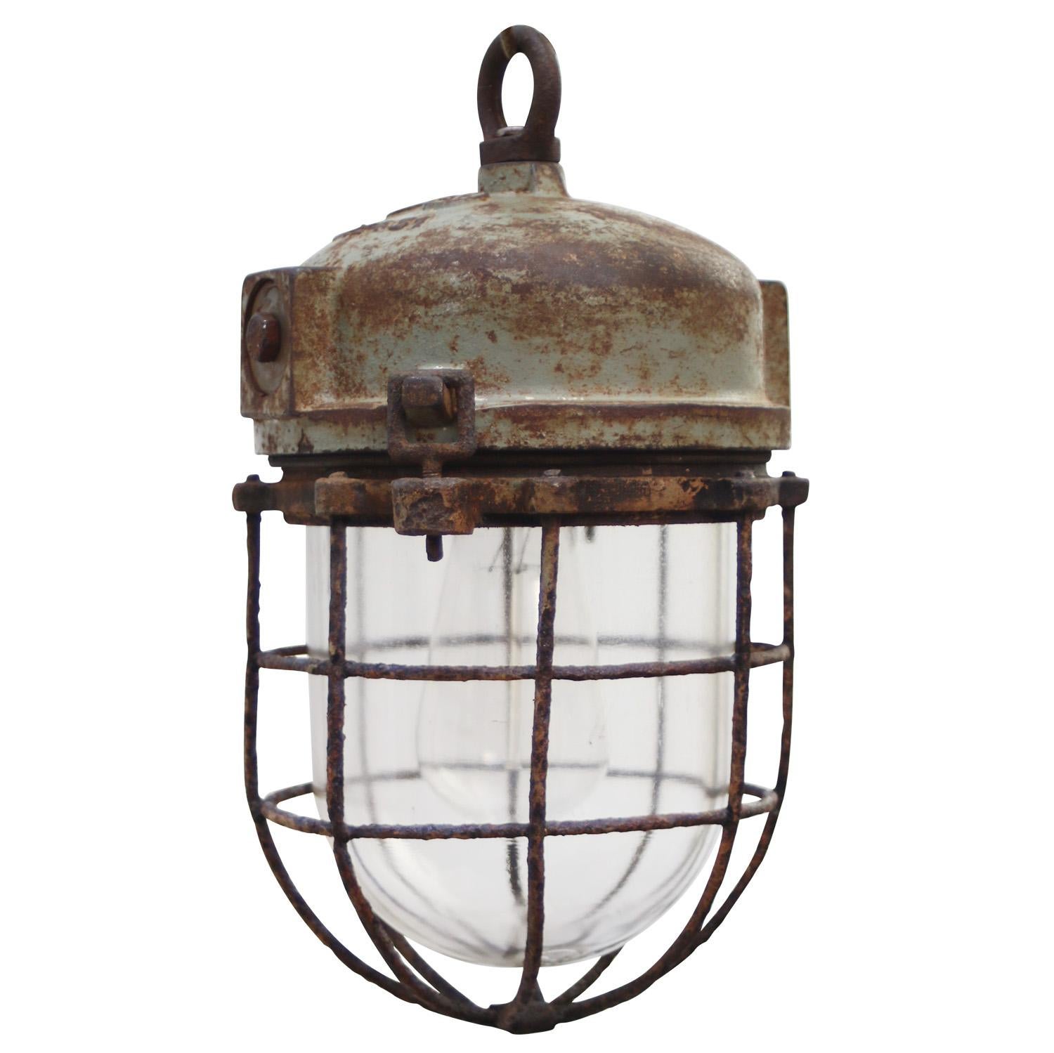 20th Century Gray Green Metal Vintage Industrial Clear Glass Pendant Light For Sale
