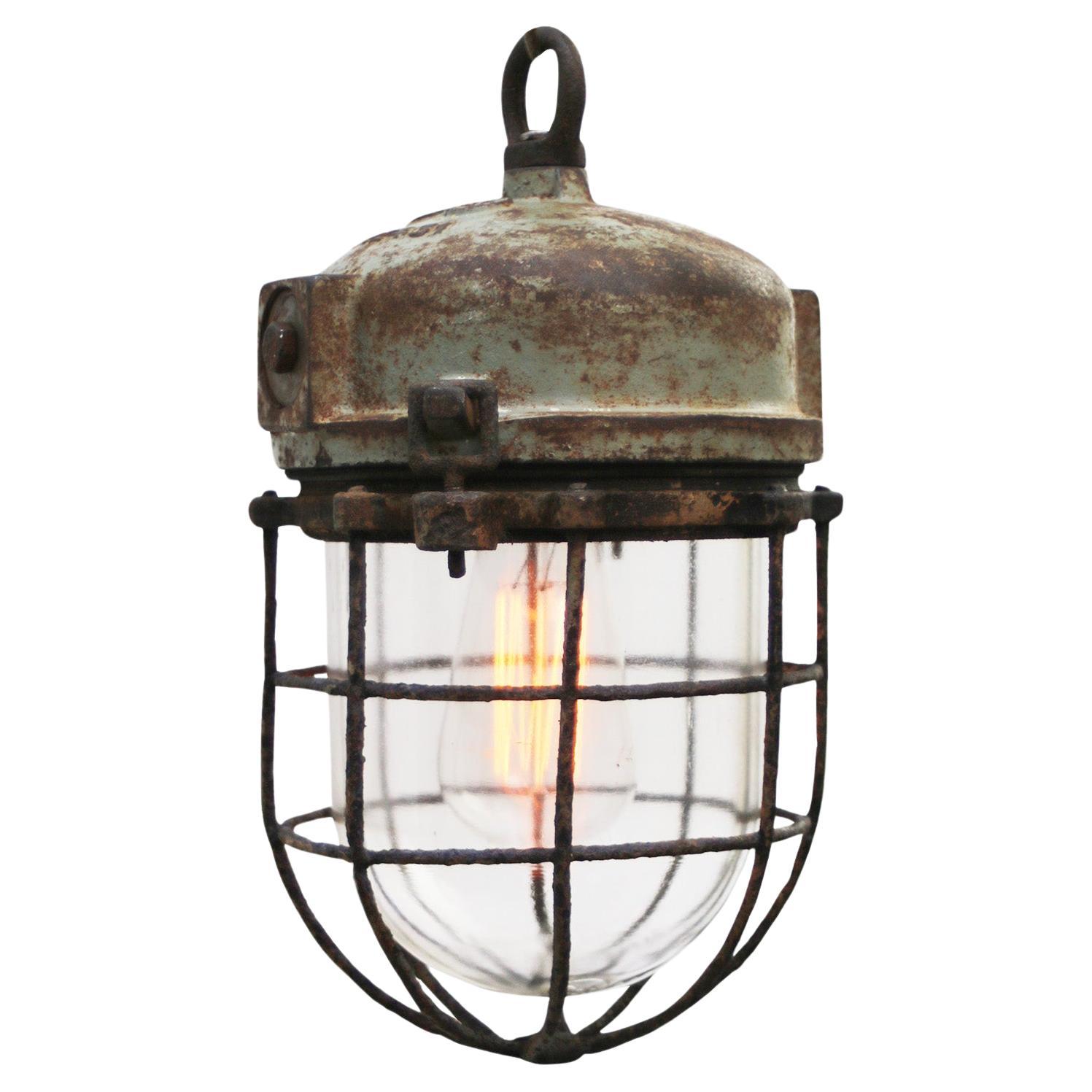 Gray Green Metal Vintage Industrial Clear Glass Pendant Light For Sale