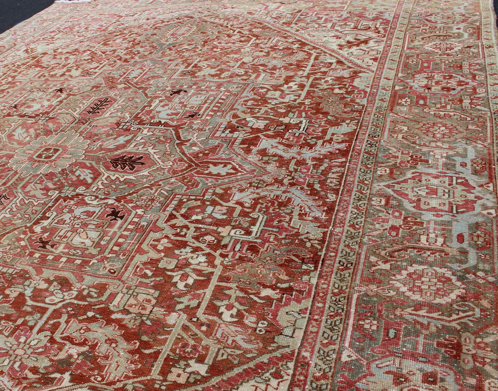 Gray Green, Taupe border, Soft Red Persian Heriz with Geometric Medallion For Sale 4