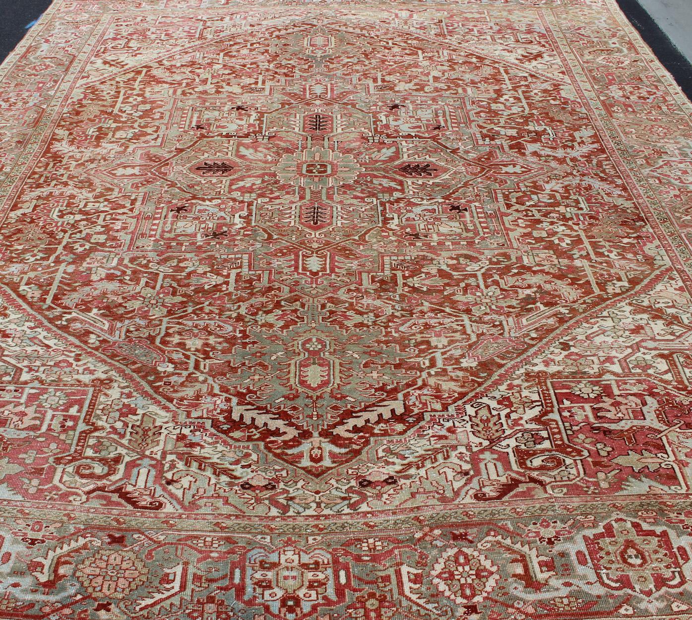 Gray Green, Taupe border, Soft Red Persian Heriz with Geometric Medallion For Sale 5