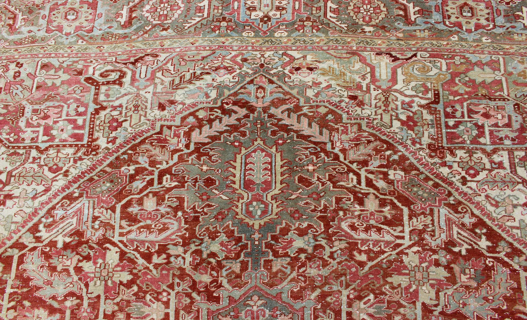 Gray Green, Taupe border, Soft Red Persian Heriz with Geometric Medallion For Sale 8
