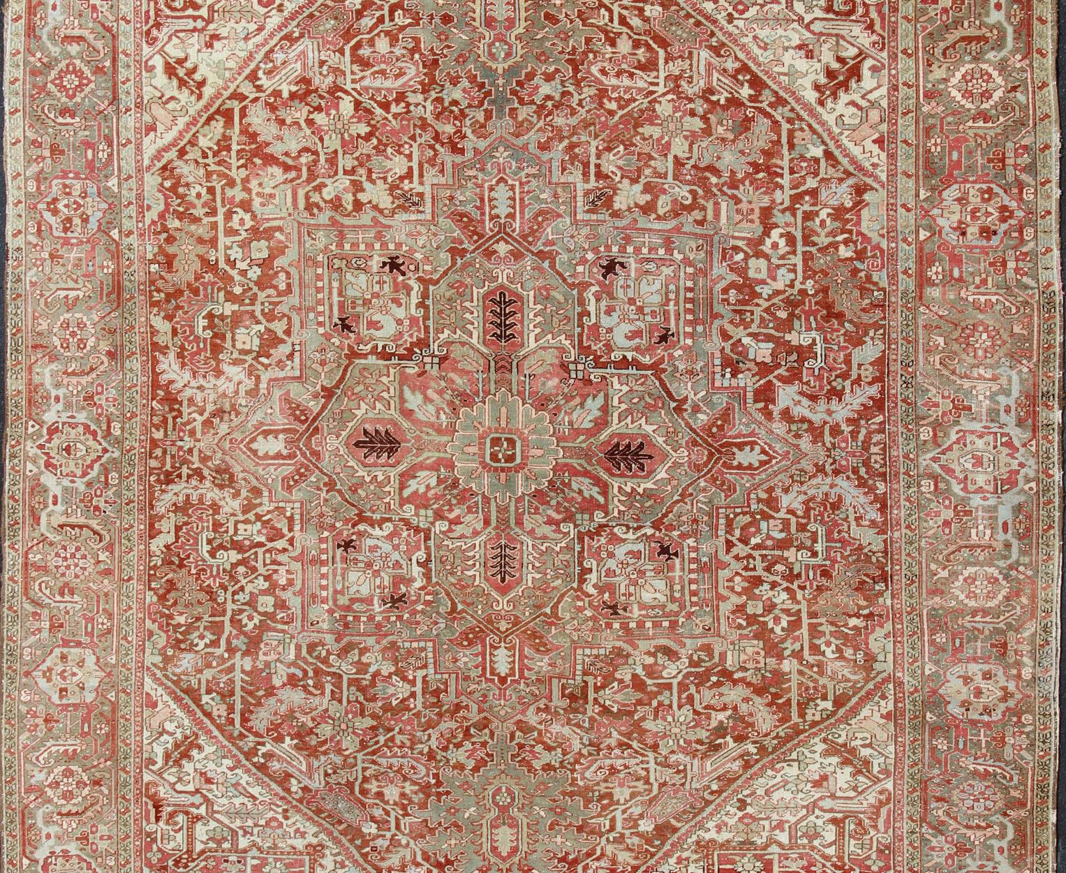 Hand-Knotted Gray Green, Taupe border, Soft Red Persian Heriz with Geometric Medallion For Sale