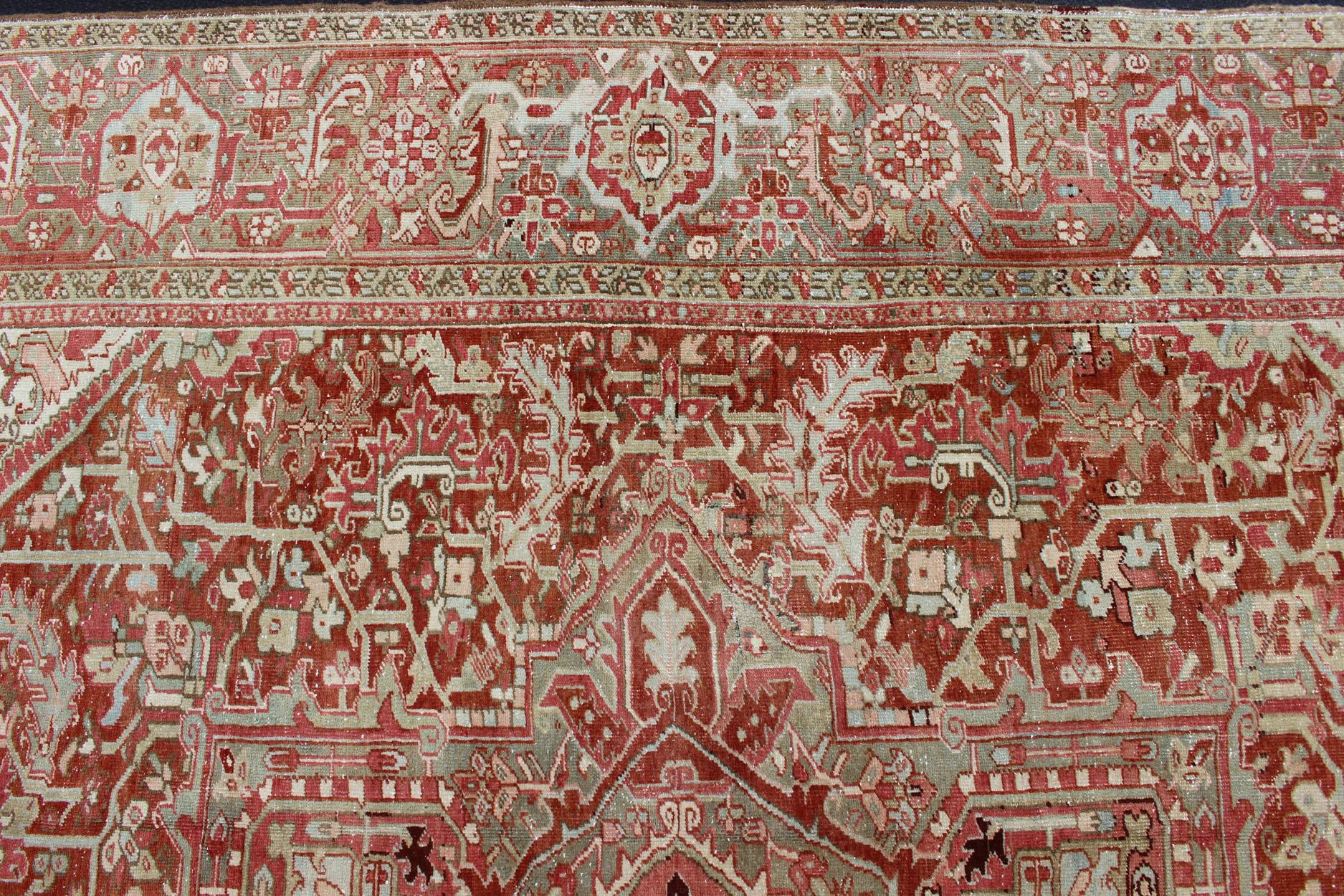 20th Century Gray Green, Taupe border, Soft Red Persian Heriz with Geometric Medallion For Sale