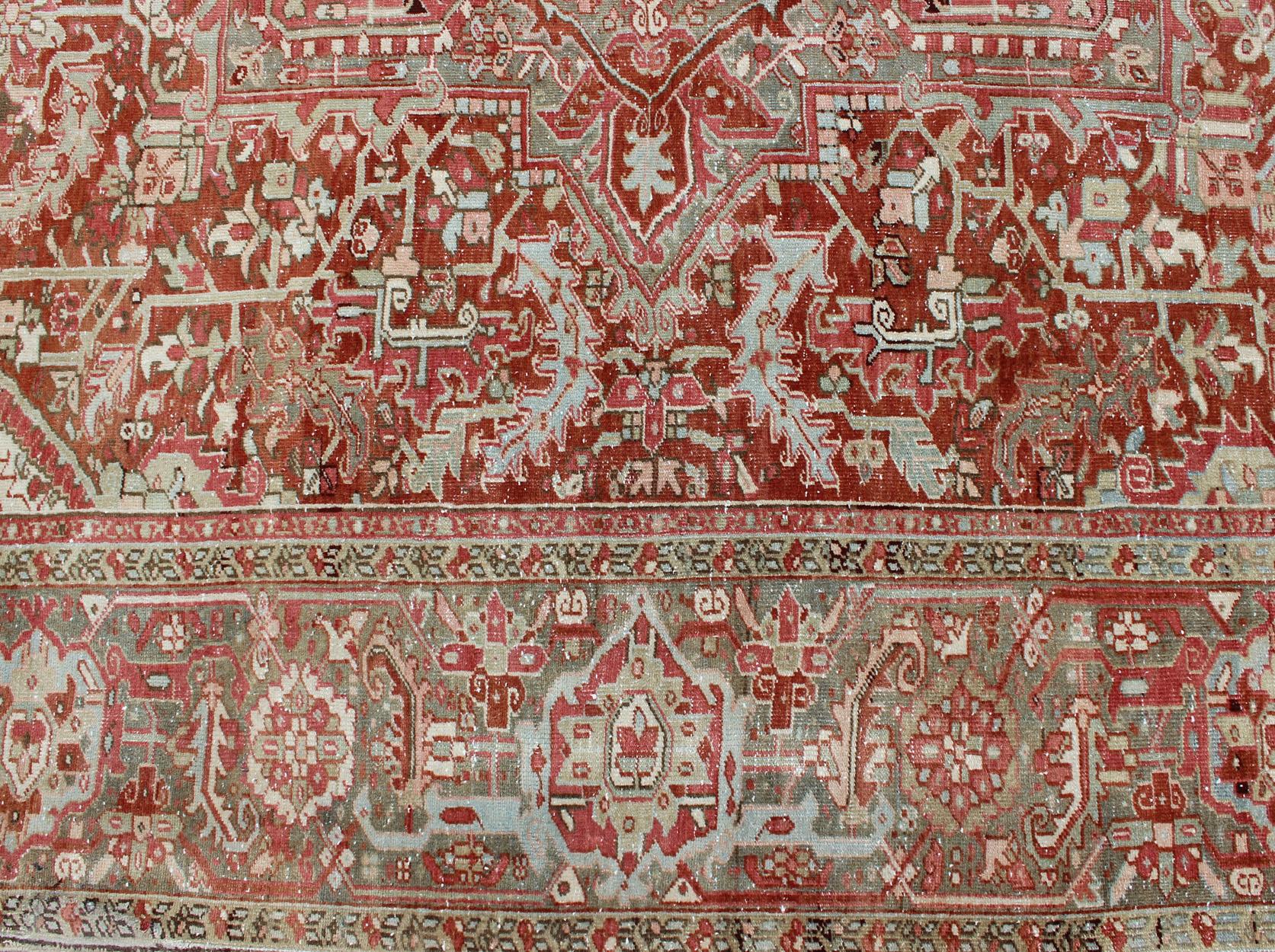 Gray Green, Taupe border, Soft Red Persian Heriz with Geometric Medallion For Sale 1
