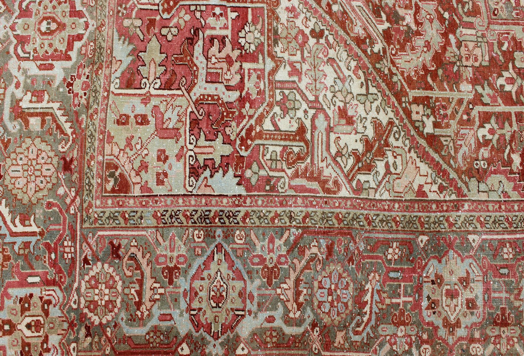 Gray Green, Taupe border, Soft Red Persian Heriz with Geometric Medallion For Sale 2
