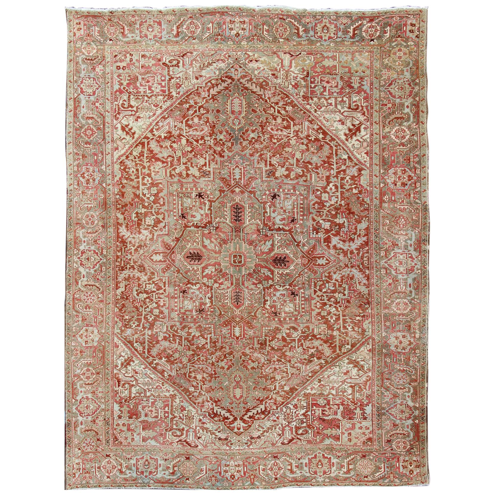 Gray Green, Taupe border, Soft Red Persian Heriz with Geometric Medallion For Sale