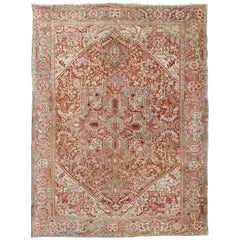 Gray Green, Taupe border, Soft Red Persian Heriz with Geometric Medallion