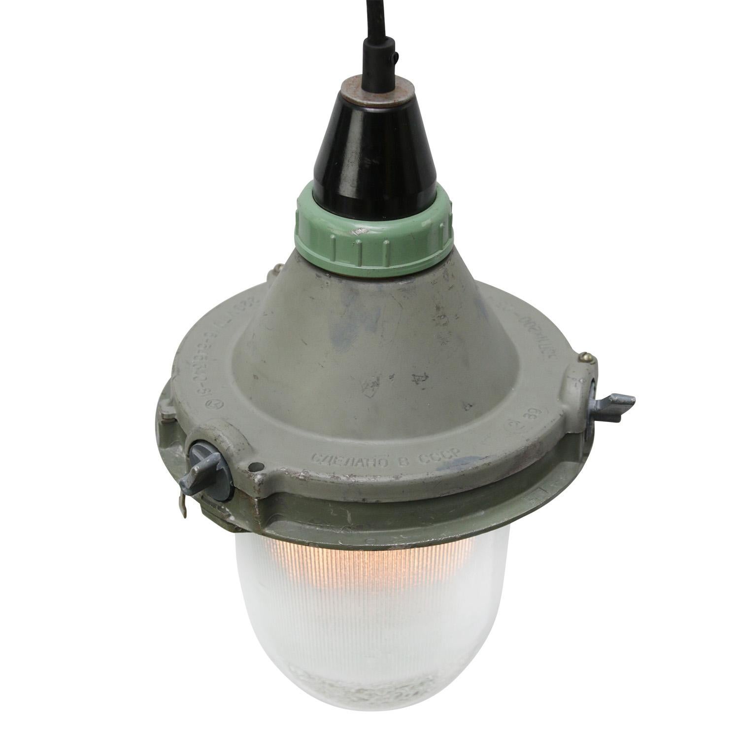 Ukrainian Gray Green Vintage Industrial Striped Clear Glass Pendant Lights For Sale