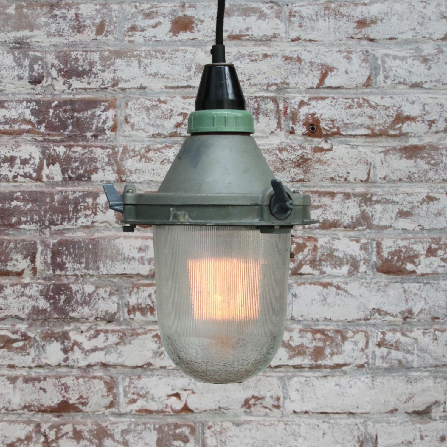 Cast Gray Green Vintage Industrial Striped Clear Glass Pendant Lights For Sale