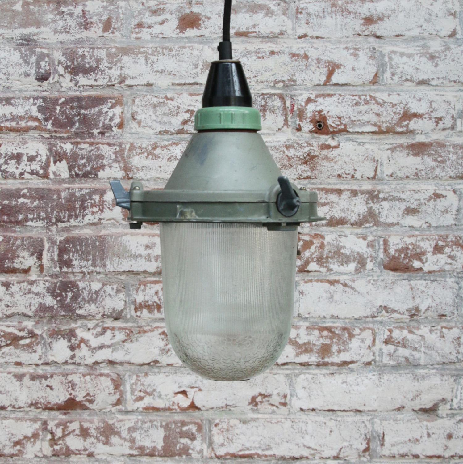 20th Century Gray Green Vintage Industrial Striped Clear Glass Pendant Lights For Sale