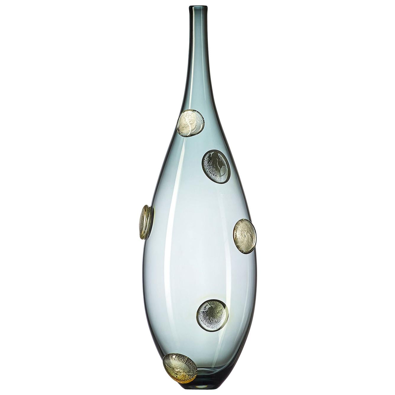 Gray Hand Blown Glass Statement Vase with Metallic Silver Details by Vetro Vero For Sale