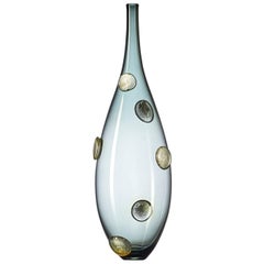 Gray Hand Blown Glass Statement Vase with Metallic Silver Details by Vetro Vero