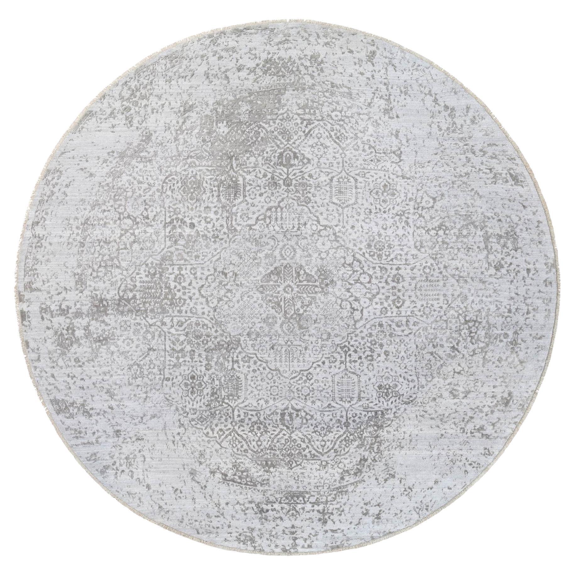 Gray Hand Knotted Broken Persian Design Wool and Pure Silk Round Rug 11'9"x11'9"