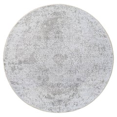 Alfombra redonda gris anudada a mano con diseño persa roto de lana y seda pura 11'9 "x11'9