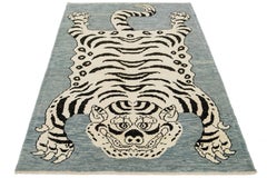 Gray Hand Knotted Contemporary Wool Rug with a Tiger Design