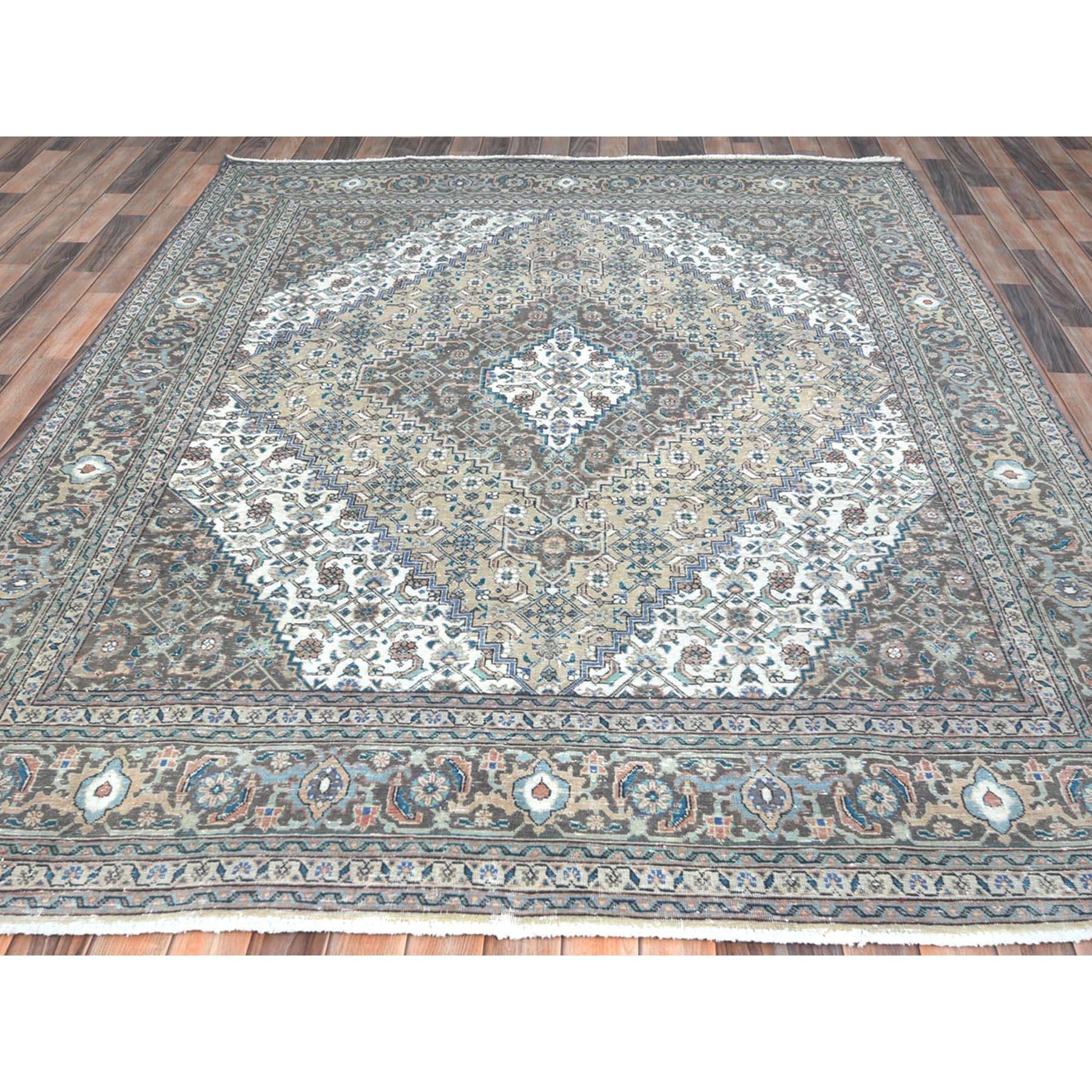 Hand-Knotted Gray Hand Knotted Cropped Thin Worn Wool Vintage Persian Tabriz Distressed Rug For Sale