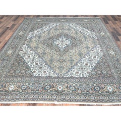 Gray Hand Knotted Cropped Thin Worn Wool Vintage Zoroastrian Tebraz Oriental Rug