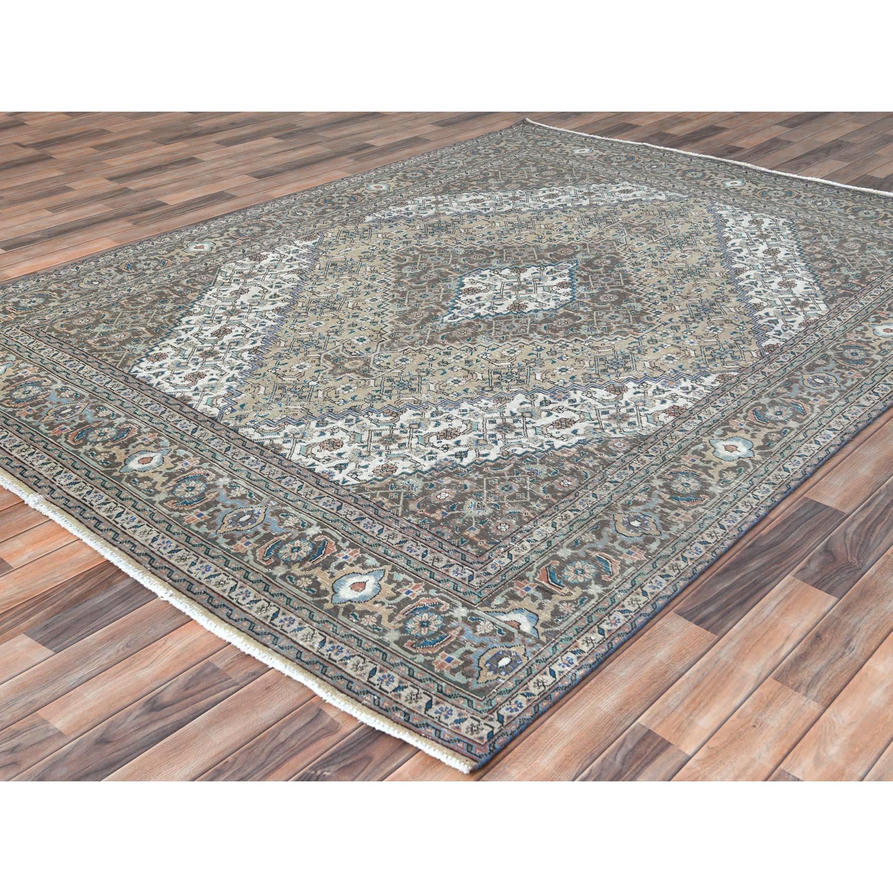 Gray Hand Knotted Cropped Thin Worn Wool Vintage Persian Tabriz Distressed Rug In Good Condition For Sale In Carlstadt, NJ