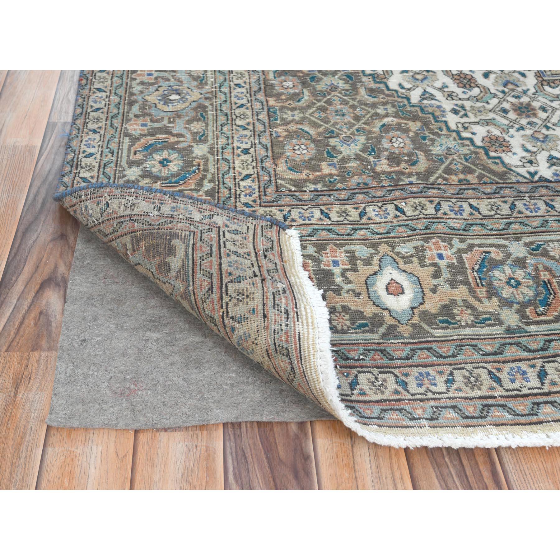Mid-20th Century Gray Hand Knotted Cropped Thin Worn Wool Vintage Persian Tabriz Distressed Rug For Sale