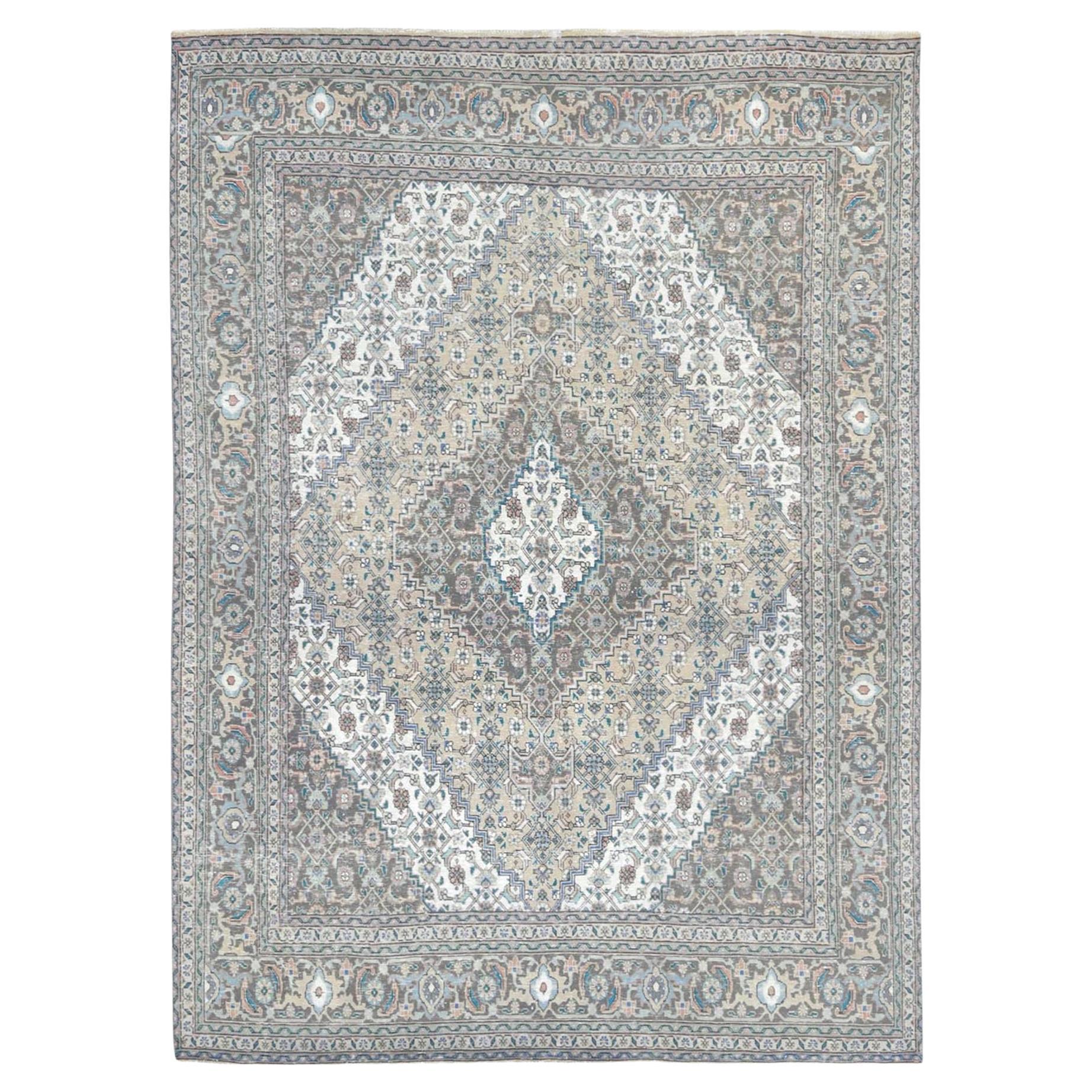 Gray Hand Knotted Cropped Thin Worn Wool Vintage Persian Tabriz Distressed Rug For Sale