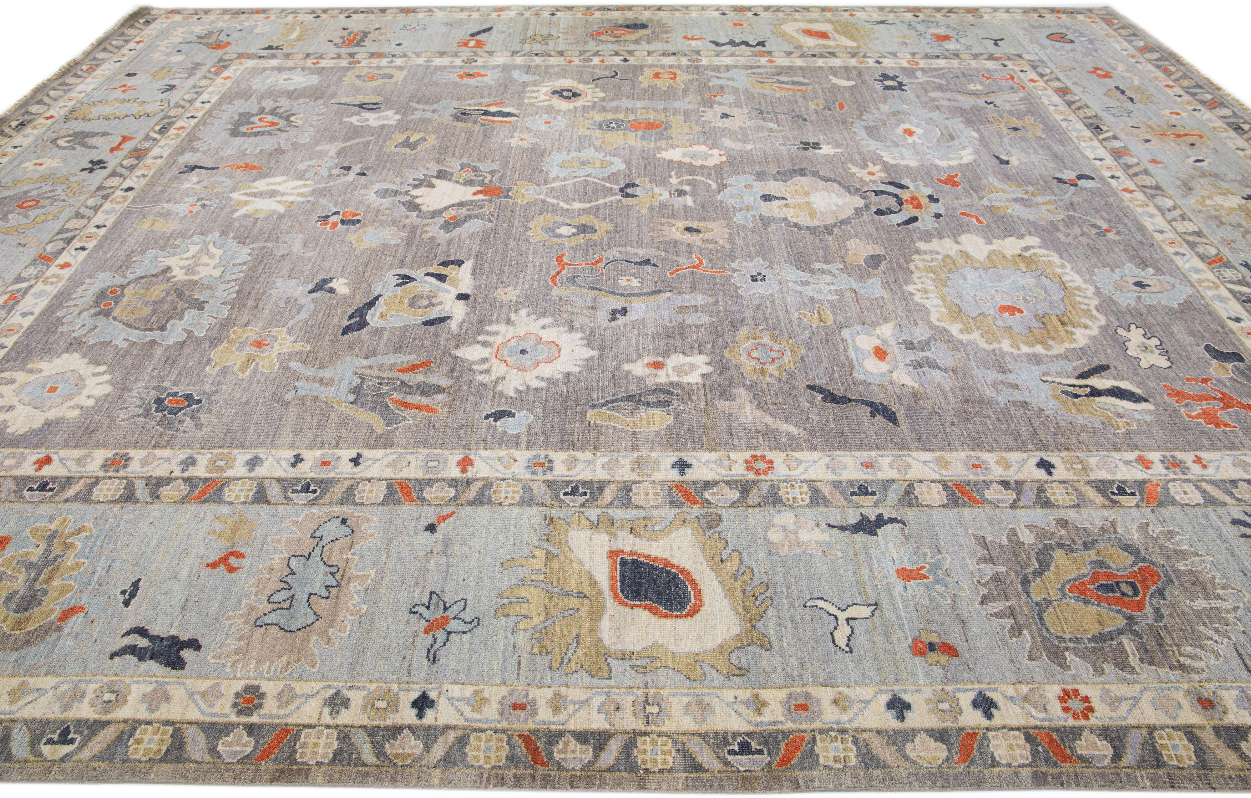 Gray Hand Knotted Indian Oushak Style Wool Rug with Allover Design In New Condition For Sale In Norwalk, CT
