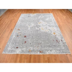 Gray Hand Knotted Modern Broken and Erased Design Wool and Silk Oriental Rug