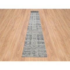 Gray Hand Knotted Modern Erased Design Natural Wool XL Runner Rug 2'6" x 22'0"