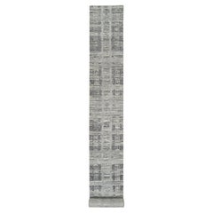 Gray Hand Knotted Modern Erased Design Natural Wool XL Runner Rug 2'6" x 22'0"