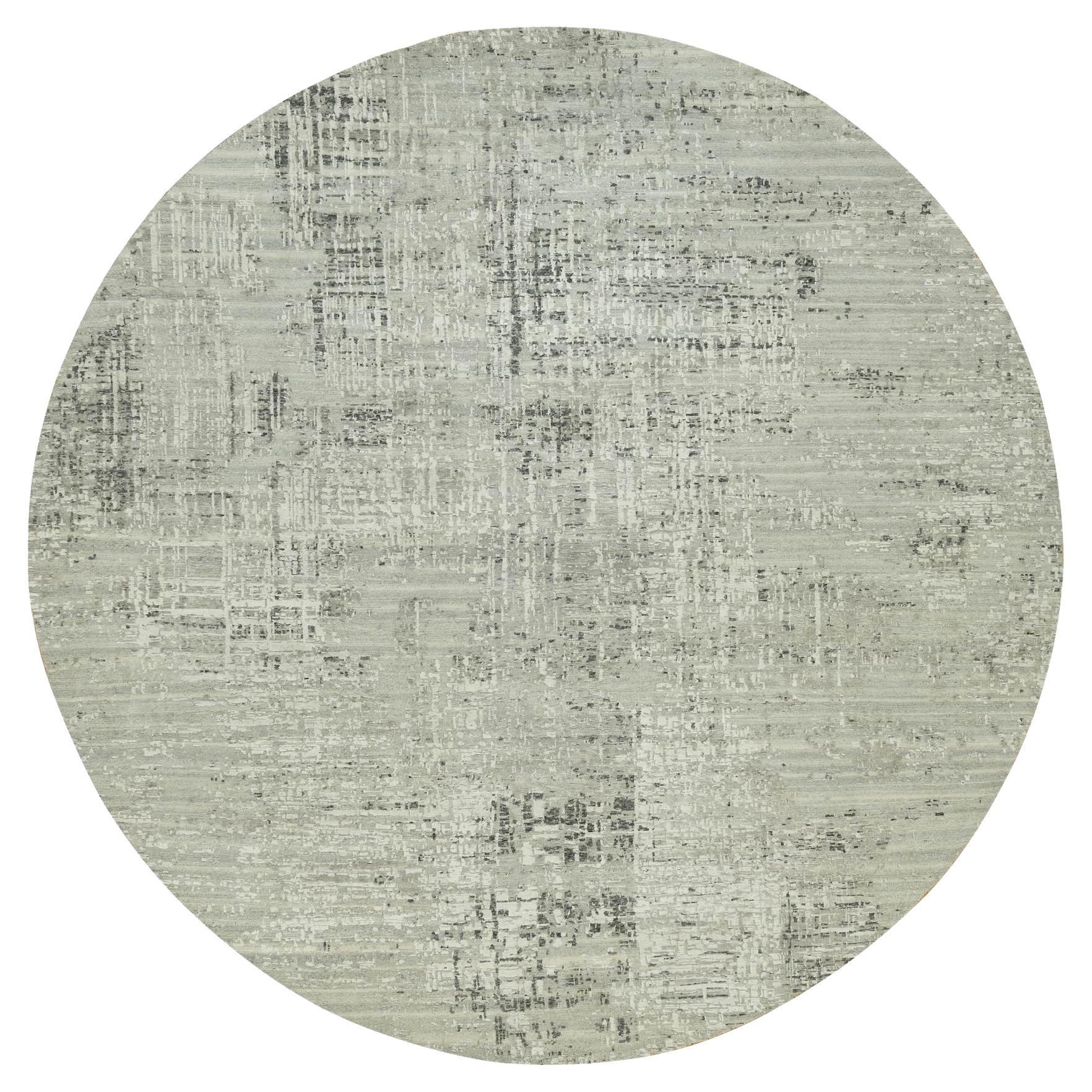 Gray Hand Knotted Modern Hand Spun Undyed Vibrant Wool Round Rug 11'10" x 11'10"