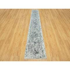 Gray Hand Knotted Persian Design Wool and Silk XL Runner Rug 2'6" x 15'8"