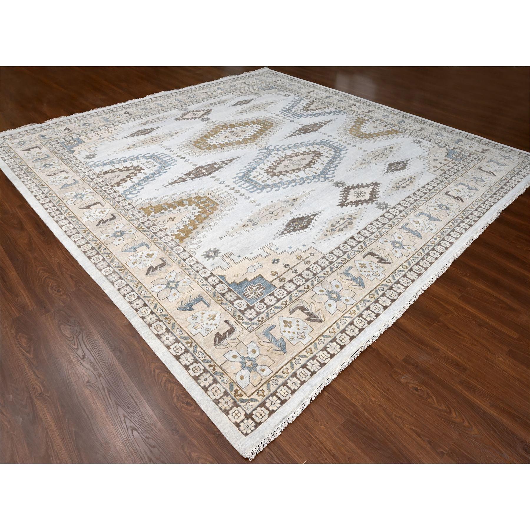 Grau Hand geknüpft Persisch Geometrische Design Wolle Quadratisch Orientalische Teppich 13'7 