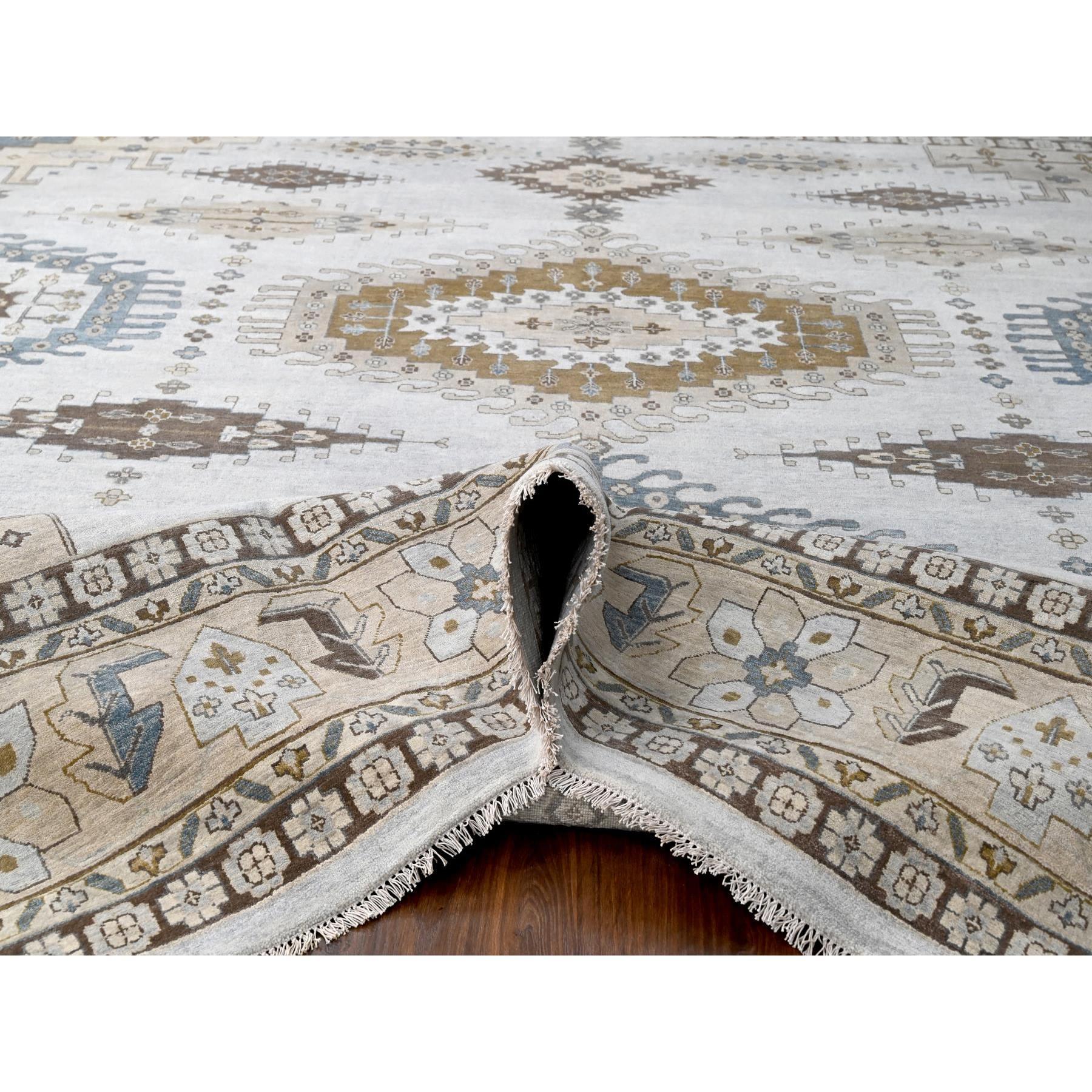 Grau Hand geknüpft Persisch Geometrische Design Wolle Quadratisch Orientalische Teppich 13'7 